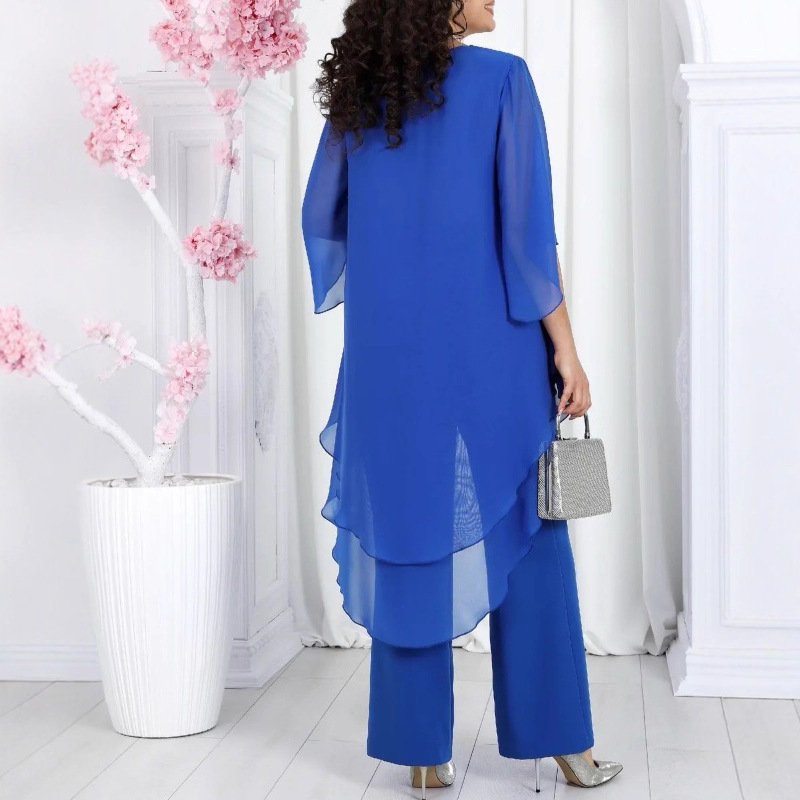 Ensemble haut en mousseline de soie pour femmes, ensemble 2 pièces, manches trois quarts, col rond, couleur unie, vêtements élégants