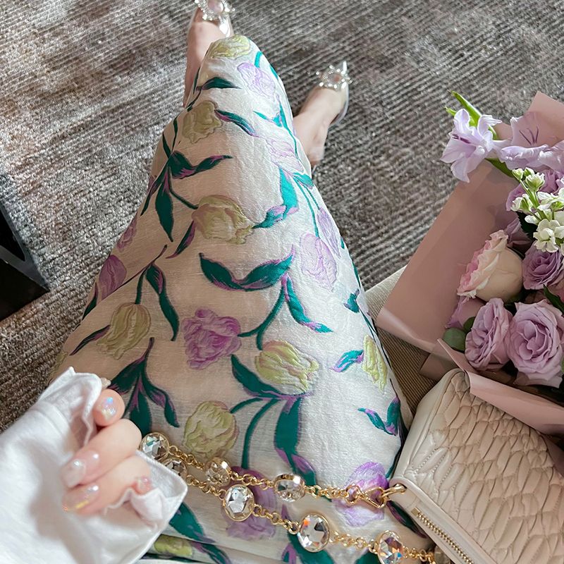 Matakawa-Jupes florales jacquard pour femmes, printemps, été, doux, mode coréenne, dame de bureau élégante, longue