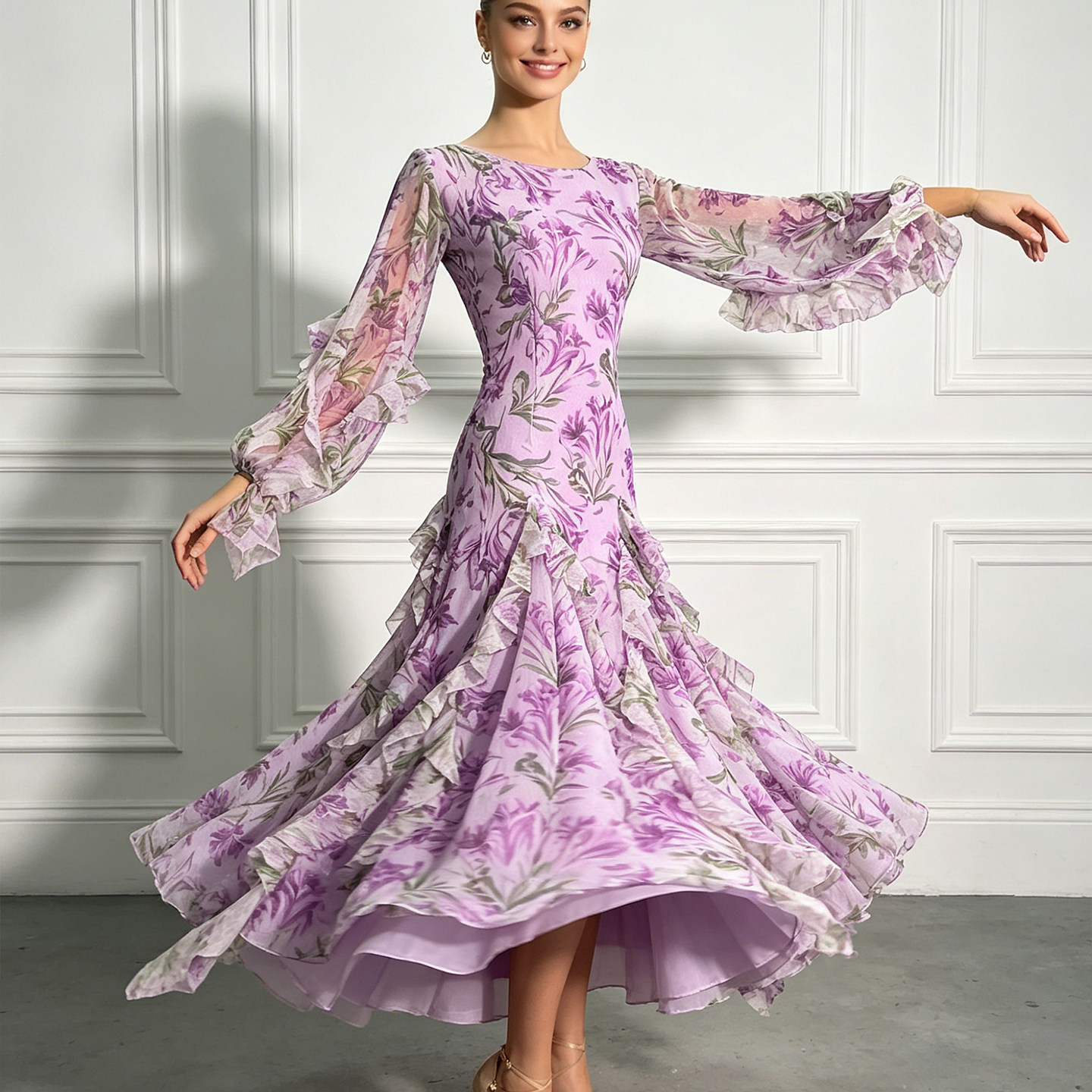 Robe de danse de salon pour femme, imprimé floral violet, dos nu, manches longues, volants, grande jupe évasée, pour la danse de la valse, la compétition moderne et la pratique