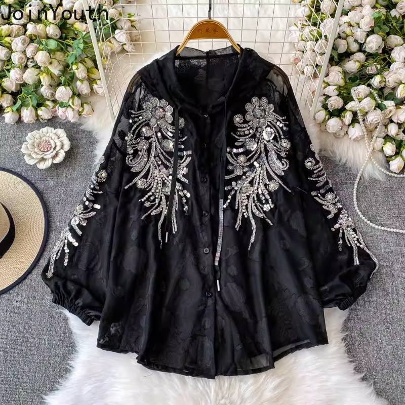 2025 Blusas Mujer De Moda lourd paillettes perles Blouse femmes vêtements à manches longues chemises à capuche amples tempérament hauts femme