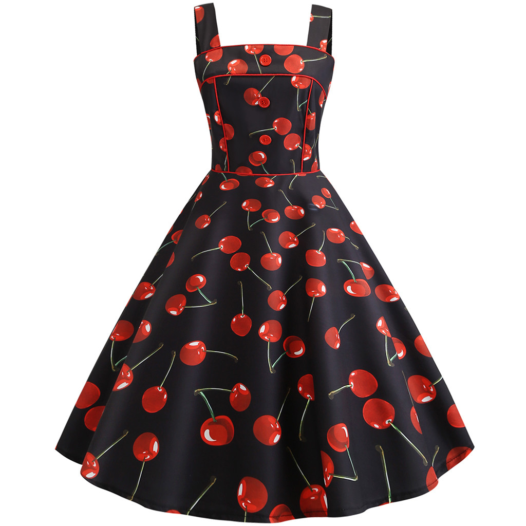 Robe de Cocktail Rockabilly Vintage des années 90 pour femmes, col en V, sans manches, taille haute, grande Robe trapèze, imprimé rétro, petite Robe d'été fraîche