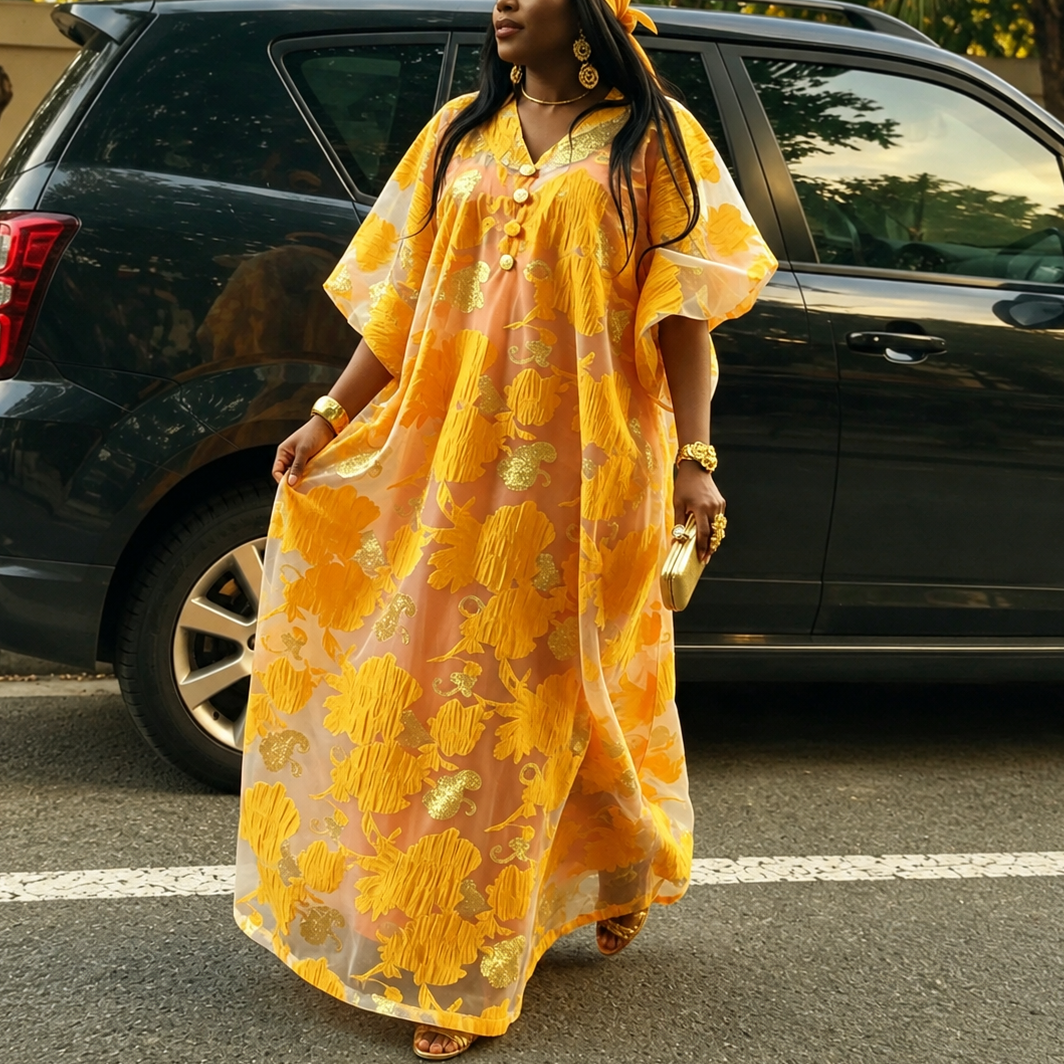 Robe longue de luxe pour femme en jacquard africain, style Bubu Kaftan, col en V, manches chauve-souris courtes, boutonnée, pour église, fête, ou invitée de mariage