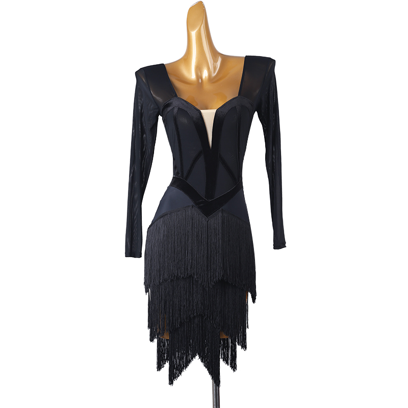 Robe de danse latine à franges pour femmes, avec franges, pour spectacle, Salsa, Rumba, manches longues, pour salle de bal, Costume de scène, nouvelle collection 2025