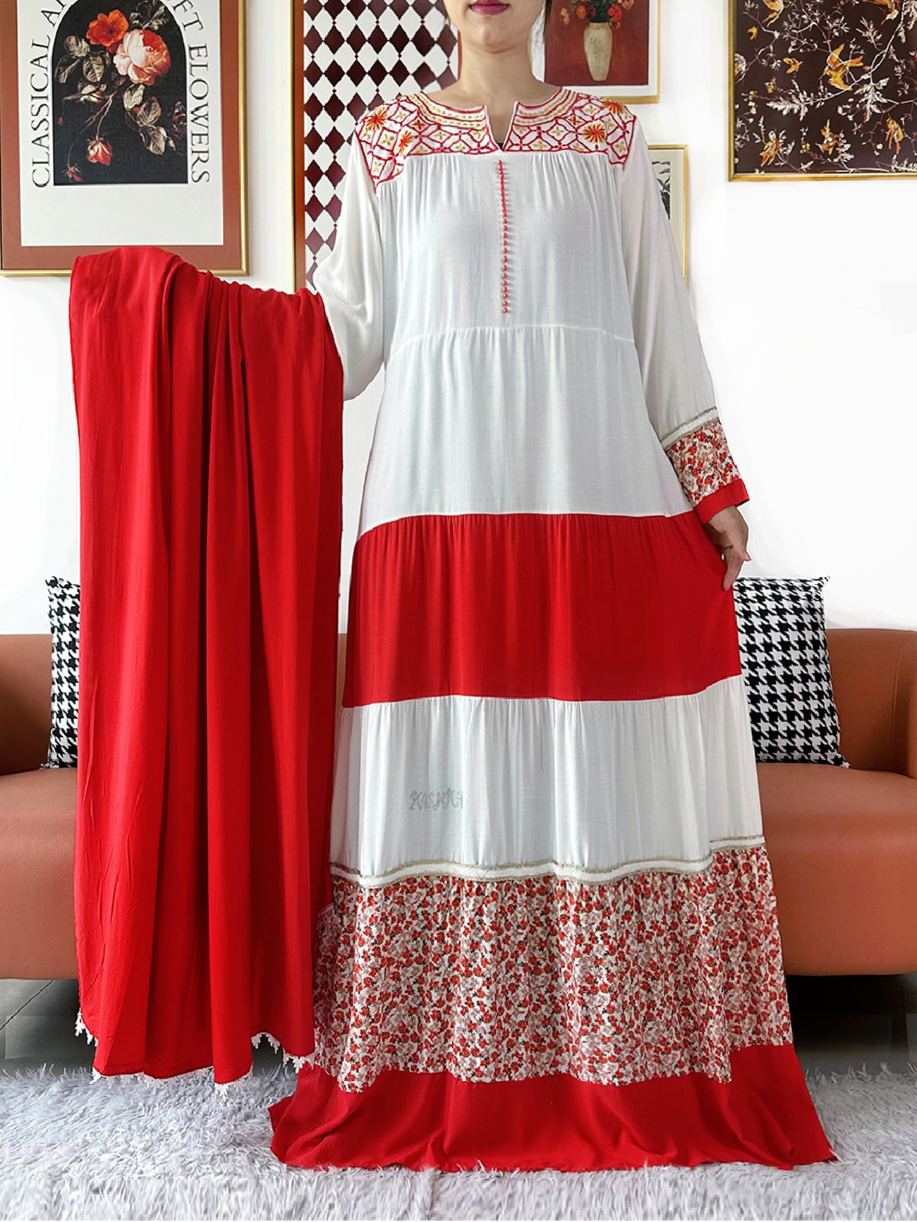 Robe africaine Kashkha 2026 brodée en coton, Abaya africaine, Boubou musulman ample avec grand foulard, robe longue pour le Ramadan