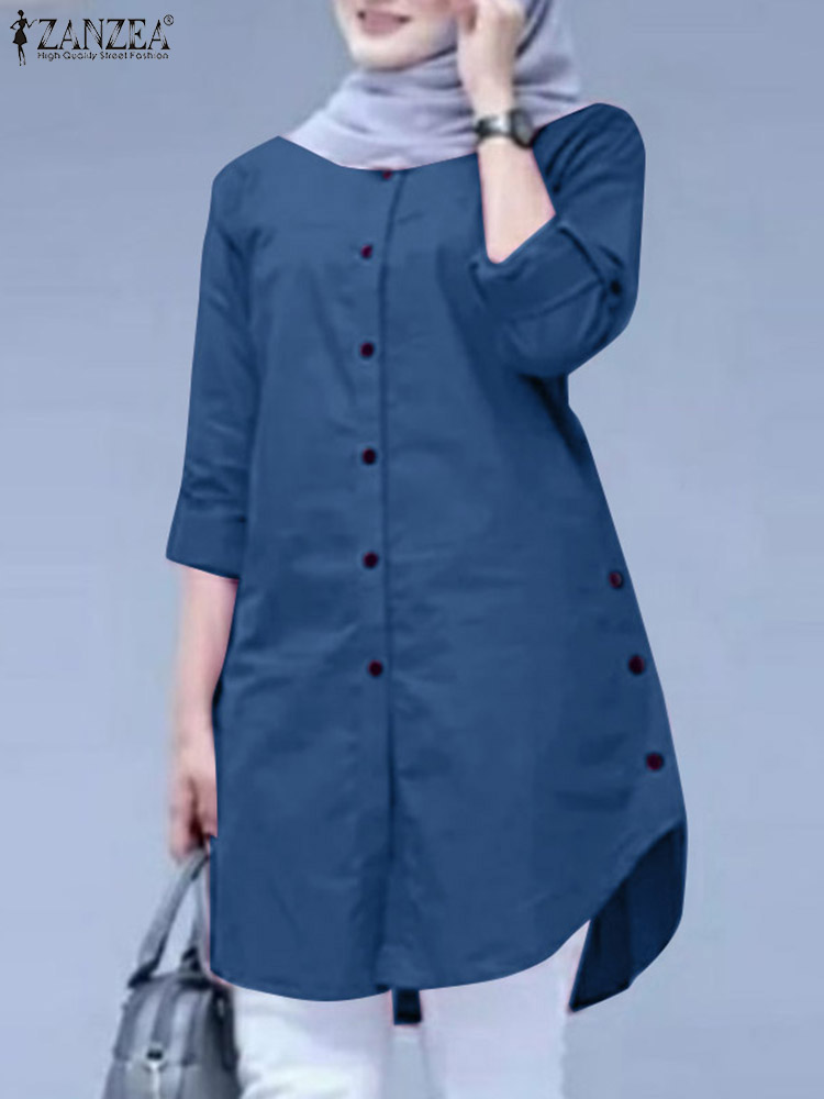 ZANZEA-Chemises à ourlet arrondi pour femmes, chemisier boutonné à col rond, manches longues, mode musulmane, décontracté, islamique, automne, 2024