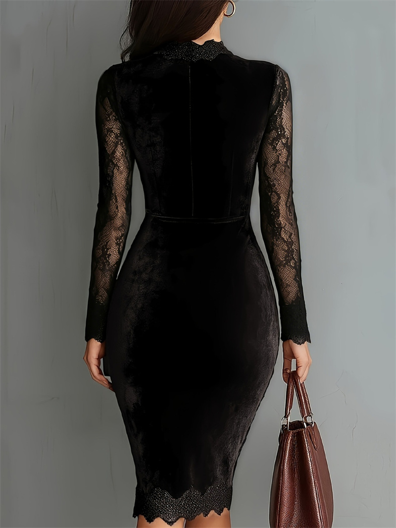 Robe longue élégante et sexy en dentelle transparente à manches longues pour femme, décontractée, col en V, avec volants et patchwork en dentelle, style moulant