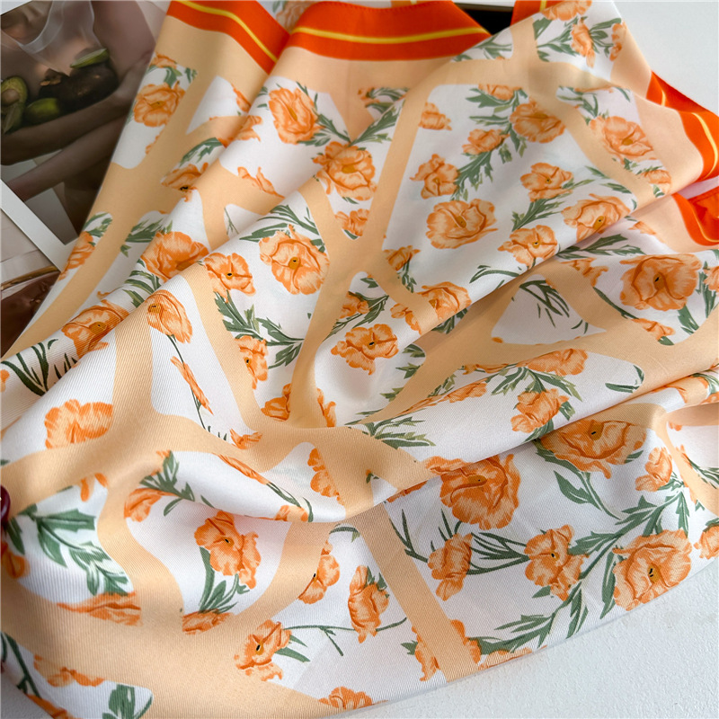 Nouveau grand foulard carré, châle floral en twill de velours de soie, 90 cm, protection solaire, foulard simple pour femme pour le printemps et l'été