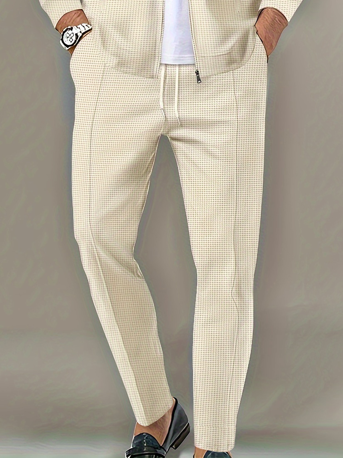 Pantalon gaufré élégant pour hommes – Coupe ajustée de sport décontracté avec cordon de serrage réglable, poches sécurisées pour toutes les saisons – Parfait pour l'extérieur