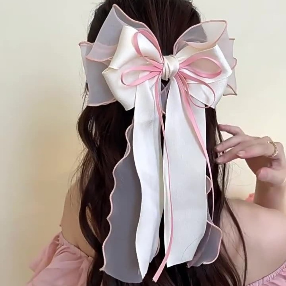 1 pièce Pince à cheveux élégante et mignonne avec nœud en organza, grand tulle à volants et pompons en satin, idéale pour coiffures gothiques vintage et événements
