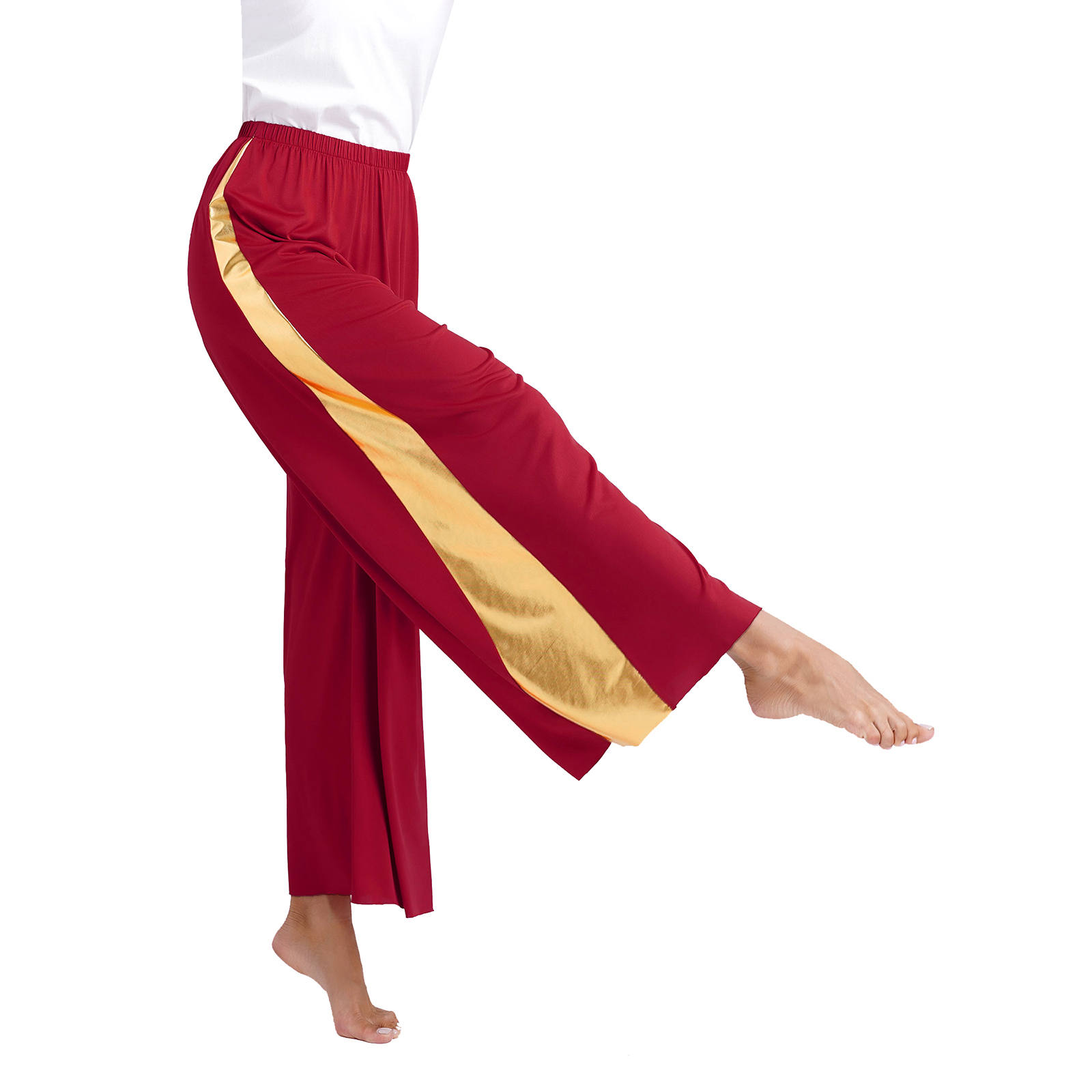 Tenue de danse liturgique pour femmes, manches longues, ourlet asymétrique, robe de couleur contrastée avec Patchwork métallique, pantalon à jambes larges