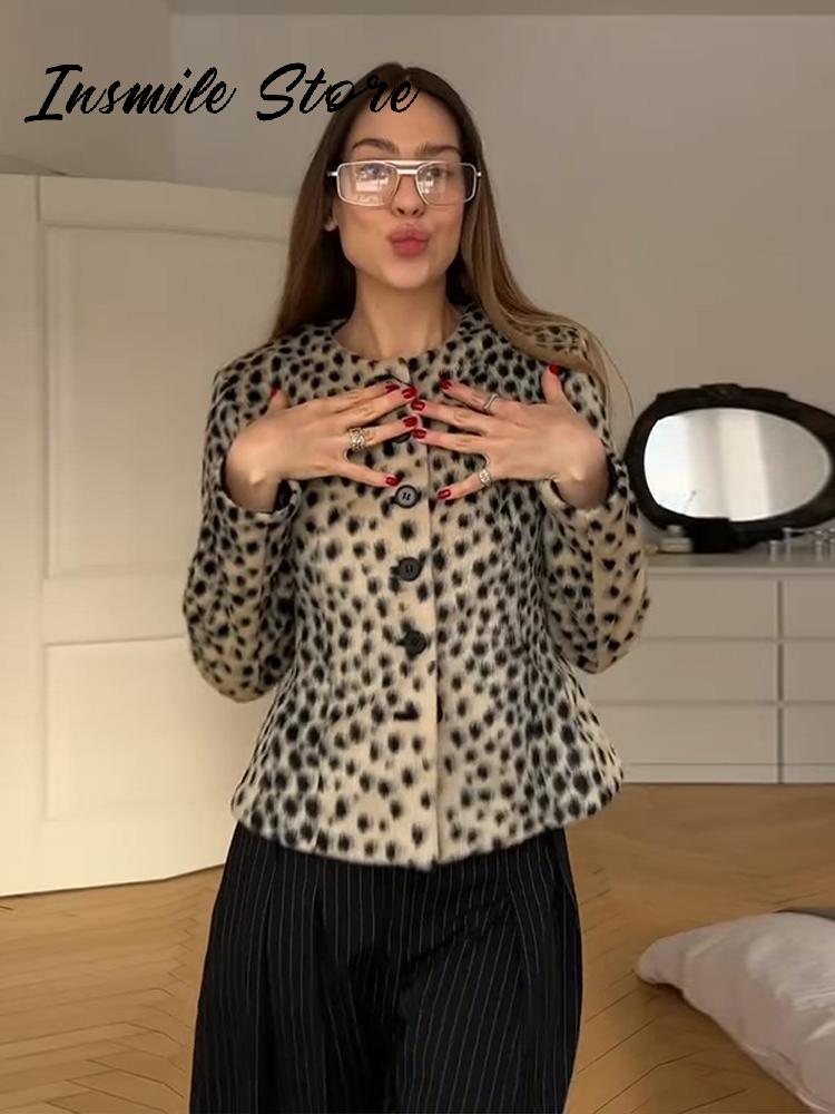 Veste courte à imprimé léopard tendance pour femmes, coupe ajustée, col rond, manches longues, veste à simple boutonnage, automne 2026, vêtement vintage pour femme, nouveauté.