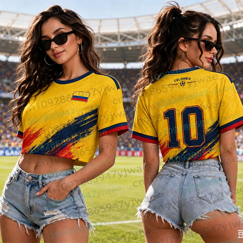 Maillot de football pour femmes et hommes, style cheerleader, Colombie, crop top, décontracté, streetwear, plage, pour les fans de football