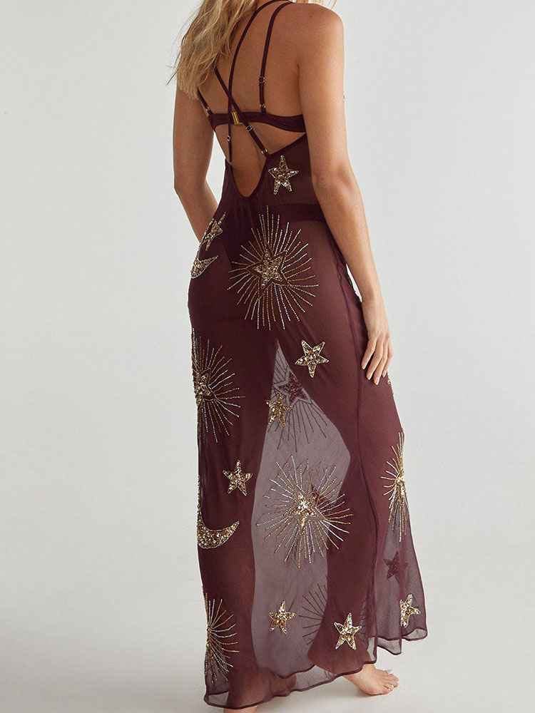 Robe longue de plage pour femmes, col en v, dos nu, Slim, ligne a, Sexy, broderie de paillettes, Perspective, bretelles, été, 2025