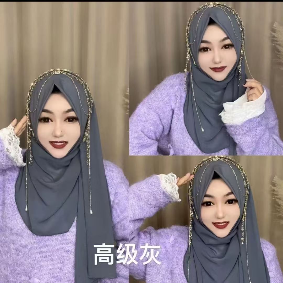 Hijabs pour femmes musulmanes bleus et roses avec perles et pompons, foulard de Ramadan, élégant pour les soirées, style malaisien, foulard Kufi islamique, été