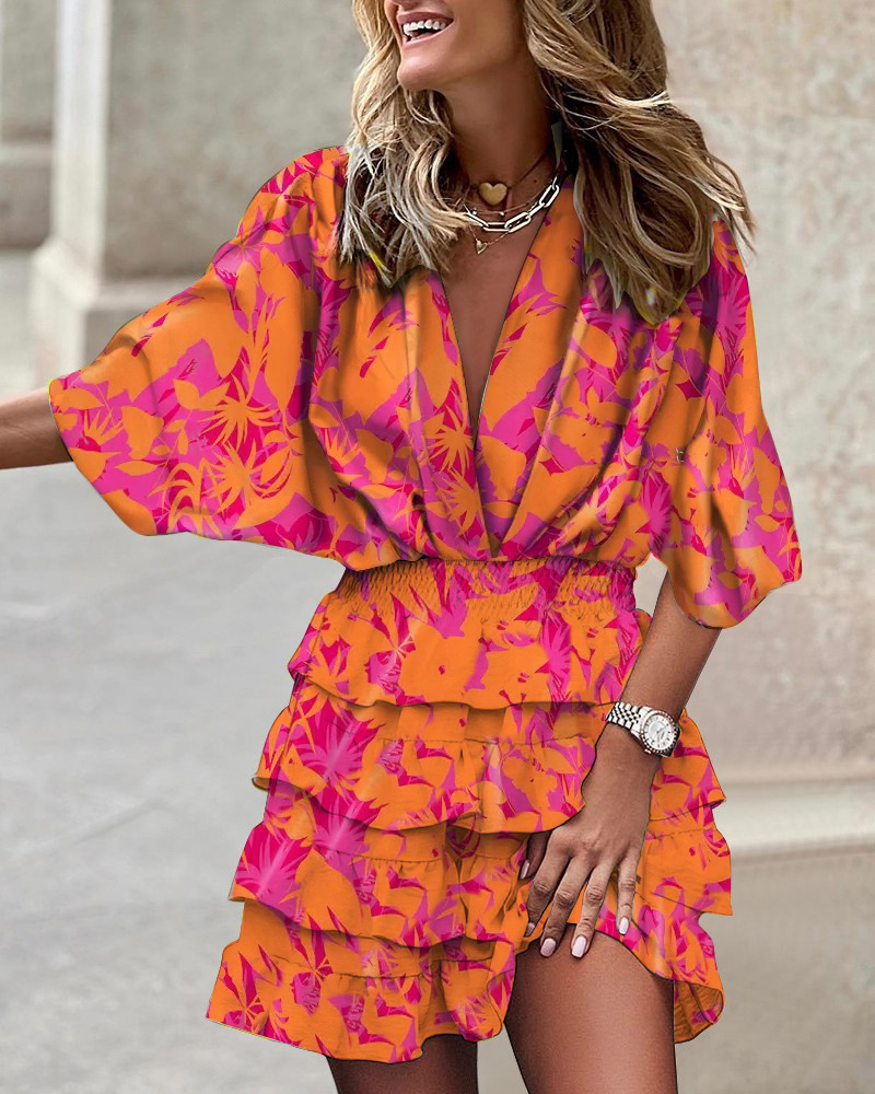Robe de Sport pour femmes, col en v, manches chauve-souris amples, taille élastique, imprimée, Mini robes décontractées à ourlet à volants