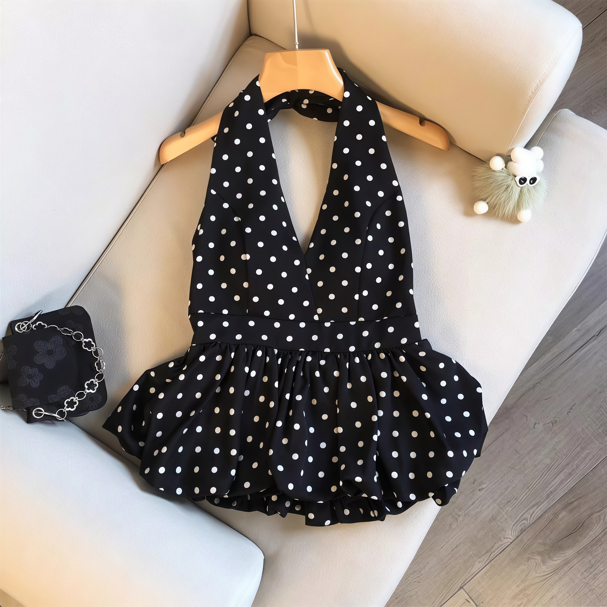 Robe courte à pois pour femmes, col halter, dos nu, nœud à nouer, jupe bouffante à volants, robe d'été pour soirée, robe courte pour femmes.