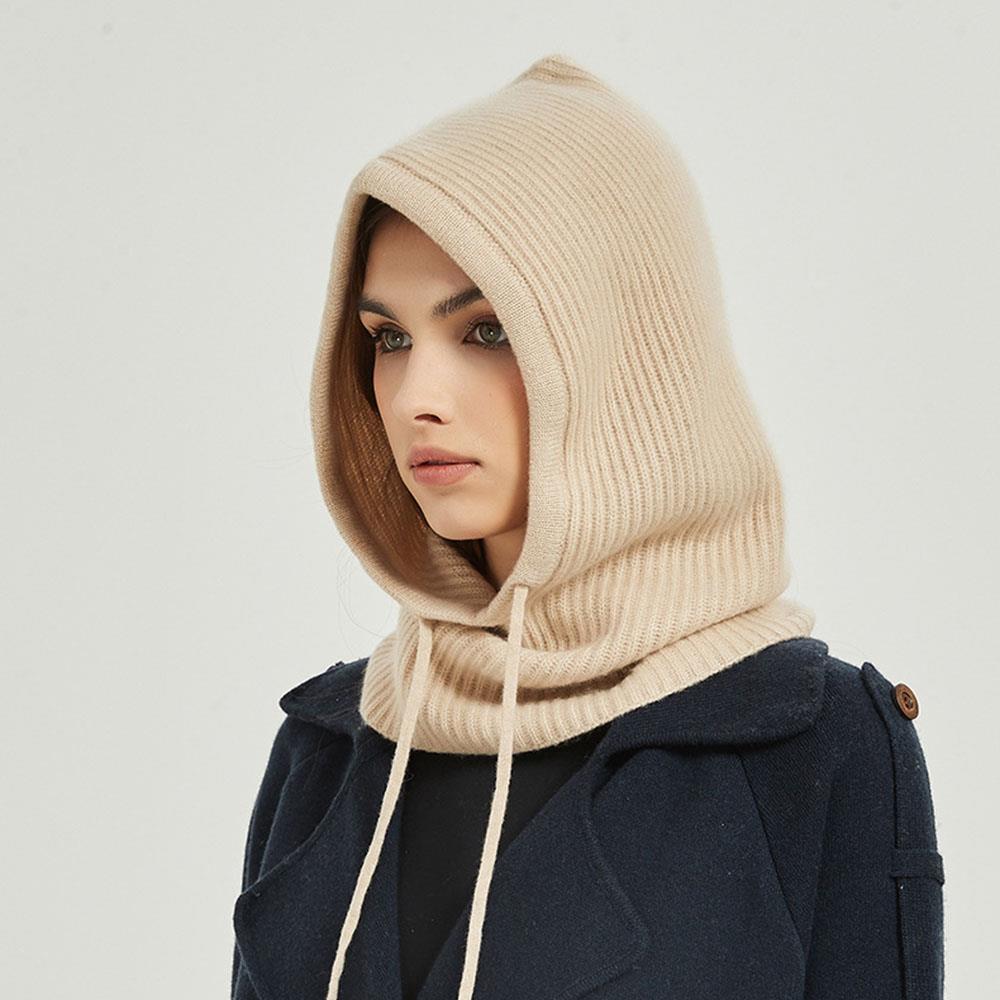 Écharpe à capuche tricotée chapeau cagoule en tricot coréen extérieur écharpe à capuche chaude avec cordon réglable Protection des oreilles bonnets casquette