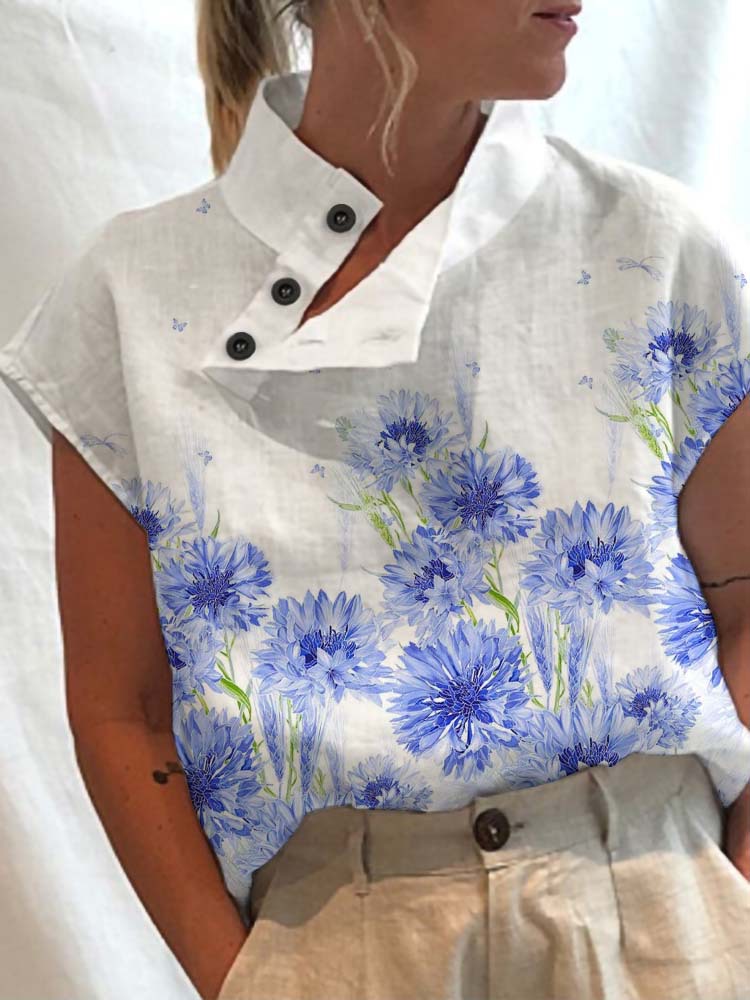 Été Chic Blouse haut pour femme mode imprimé fleuri à manches courtes chemise femme boutons décontractés col montant haut ample Blusas