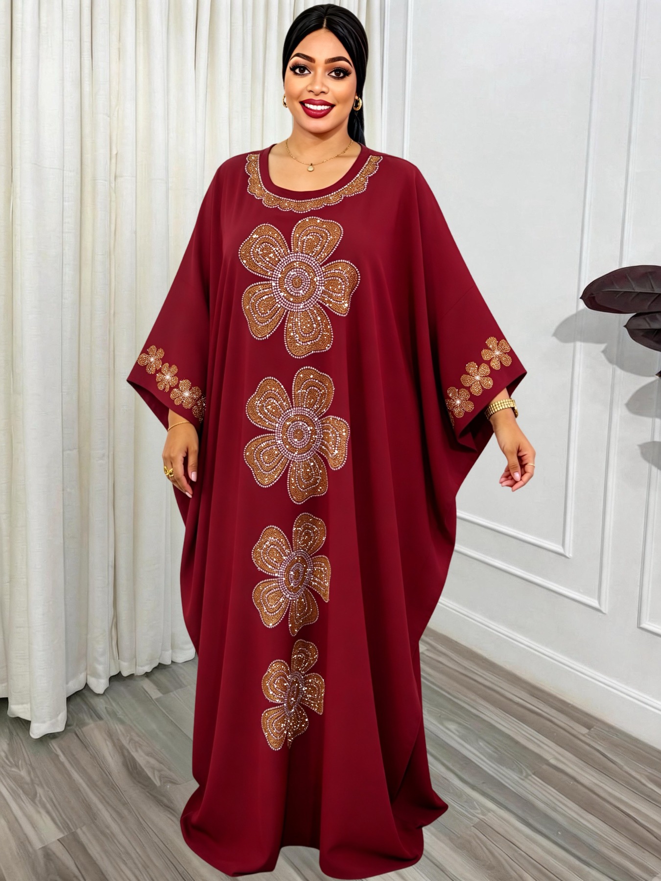 Abaya grande taille pour femmes, robe traditionnelle du Moyen-Orient avec écharpe, vêtements islamiques imprimés avec des strass et des paillettes, grande taille