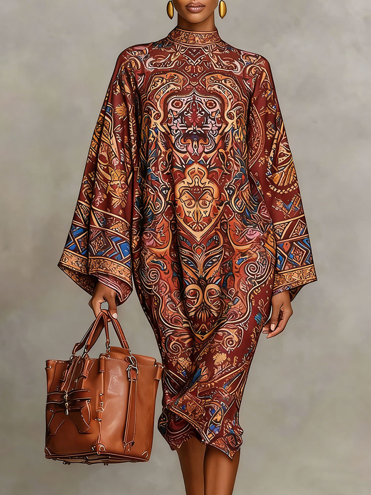 UOOZEE femmes Vintage élégant imprimé col haut caftan Robe manches longues ample élégant soirée robes mi-longues Robe 2026 nouveau