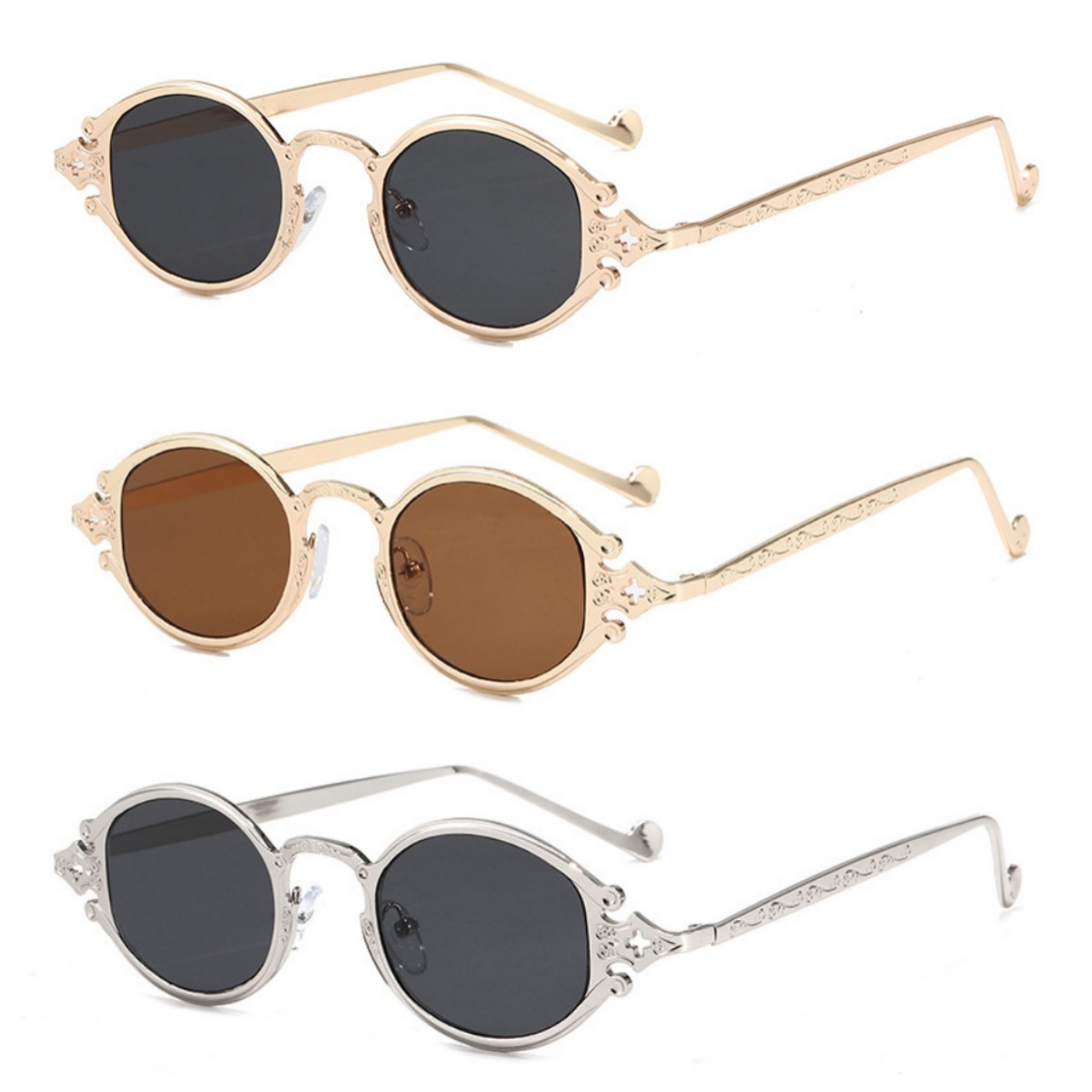 Lunettes de soleil ovales rétro punk style rock métallique pour femmes, lunettes de soleil gravées, lunettes de soleil cool pour hommes, accessoires de conduite tendance urbaine
