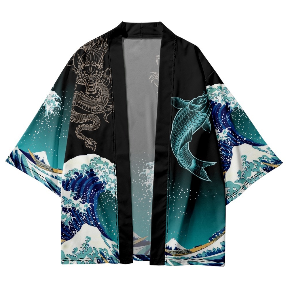 Kimono japonais pour hommes et femmes, carpe ondulée, manteau à motif imprimé 3D, Cardigan Haori traditionnel vert, vêtements de plage noirs japonais