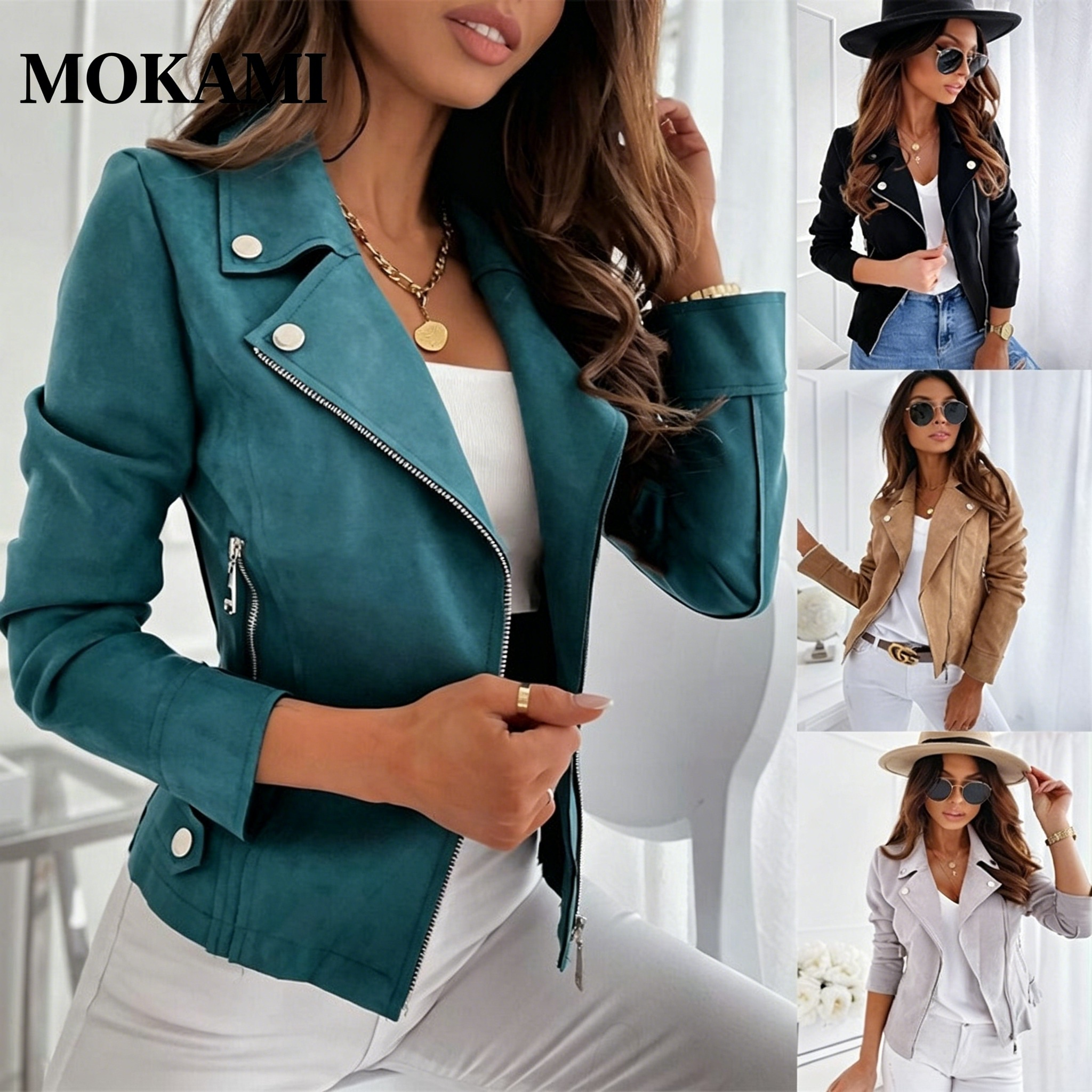 Veste en daim zippée et boutonnée pour femme, style motard décontracté, élégante et tendance