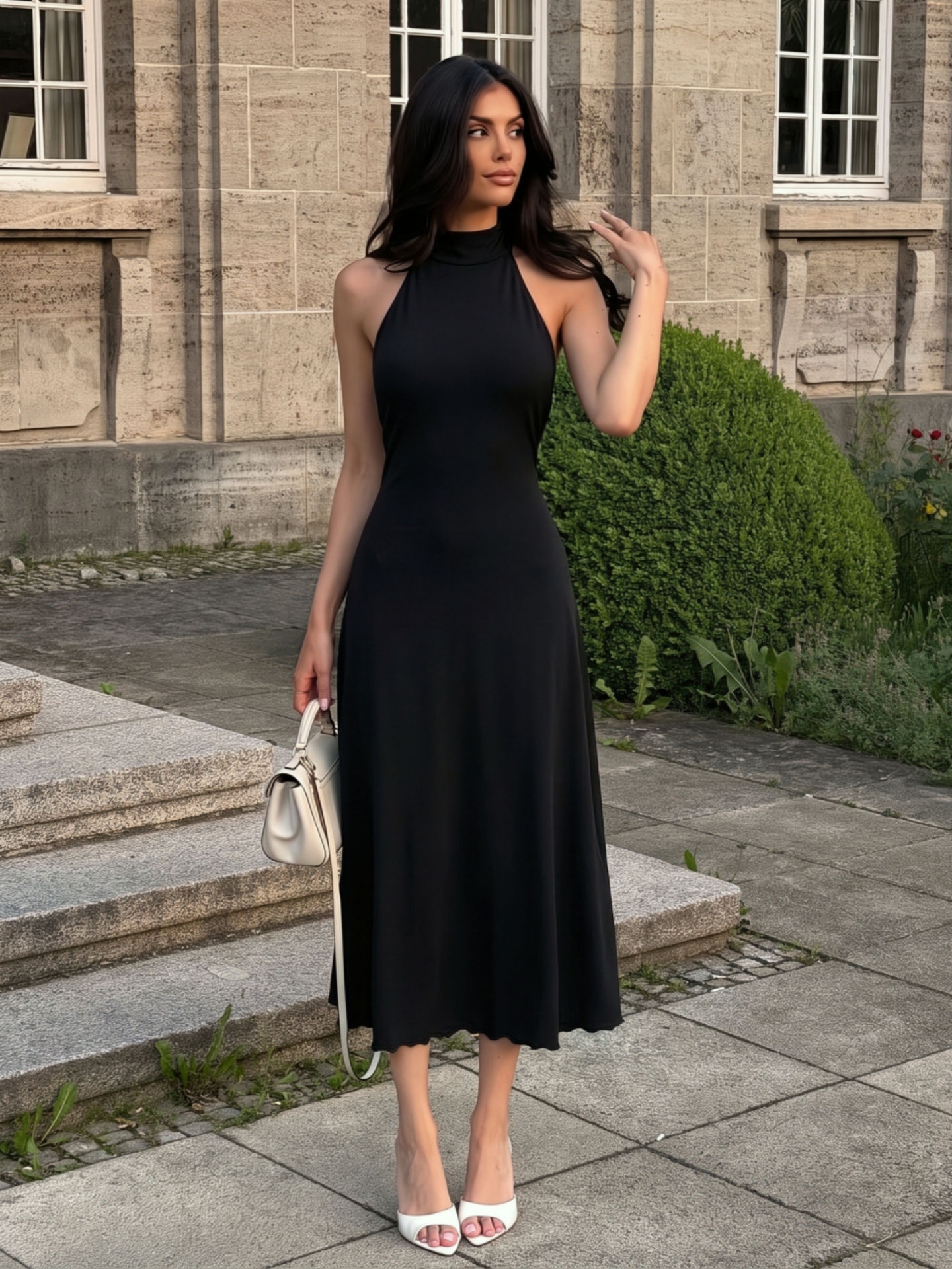 Dulzura Robe longue asymétrique à col licou, dos nu, plissée, coupe ajustée, avec ruban, unie, sexy et élégante, pour soirée, fête ou bal de promo