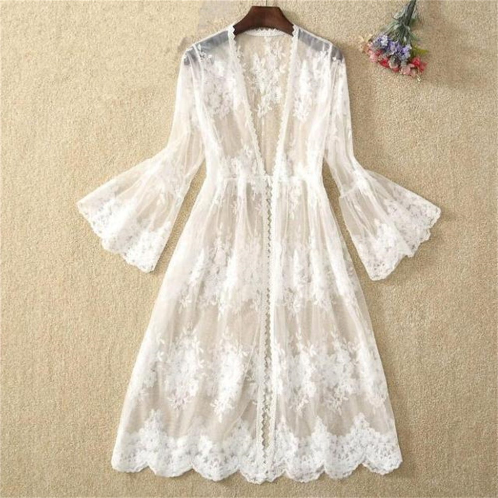 Cardigan Kimono Long en dentelle blanche pour femme, mode coréenne, Sexy, ajouré, plage, blanc, manches longues, manteau fin, veste d'été, 2026