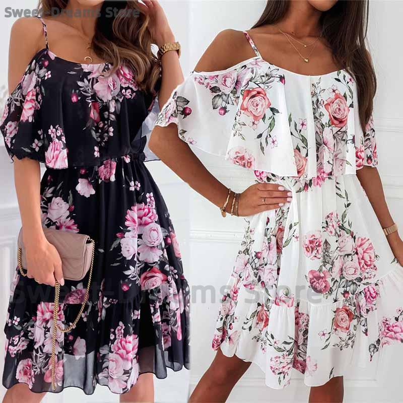 Robe longue d'été en mousseline à bretelles fines, imprimé floral, col carré, style vacances, sans manches, coupe ample