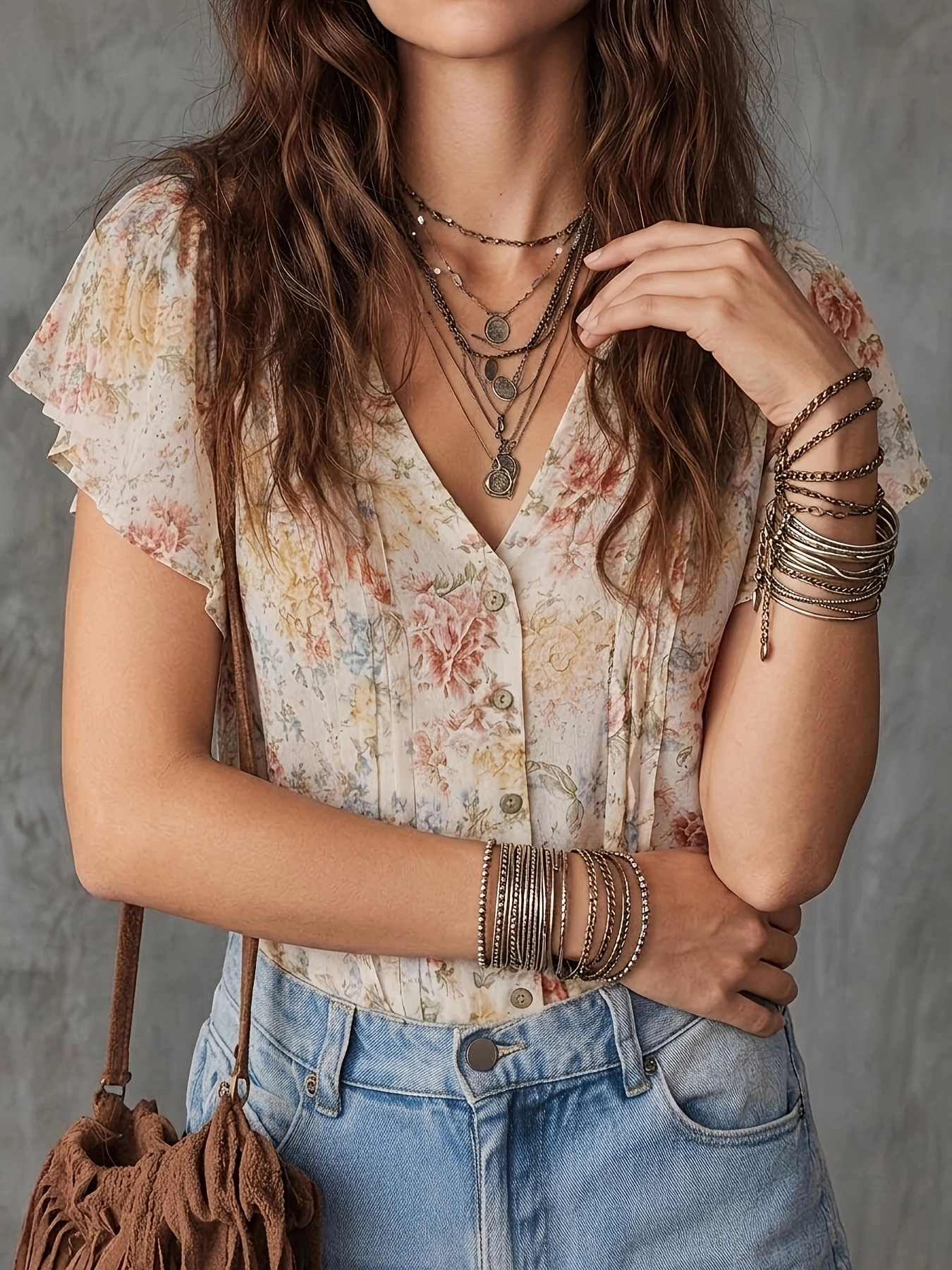 Chemisier Bohème Vintage à Imprimé Floral pour Femme, Col en V, Manches Courtes Volantes, Boutons sur le Devant, Plissé, en Chiffon Décontracté
