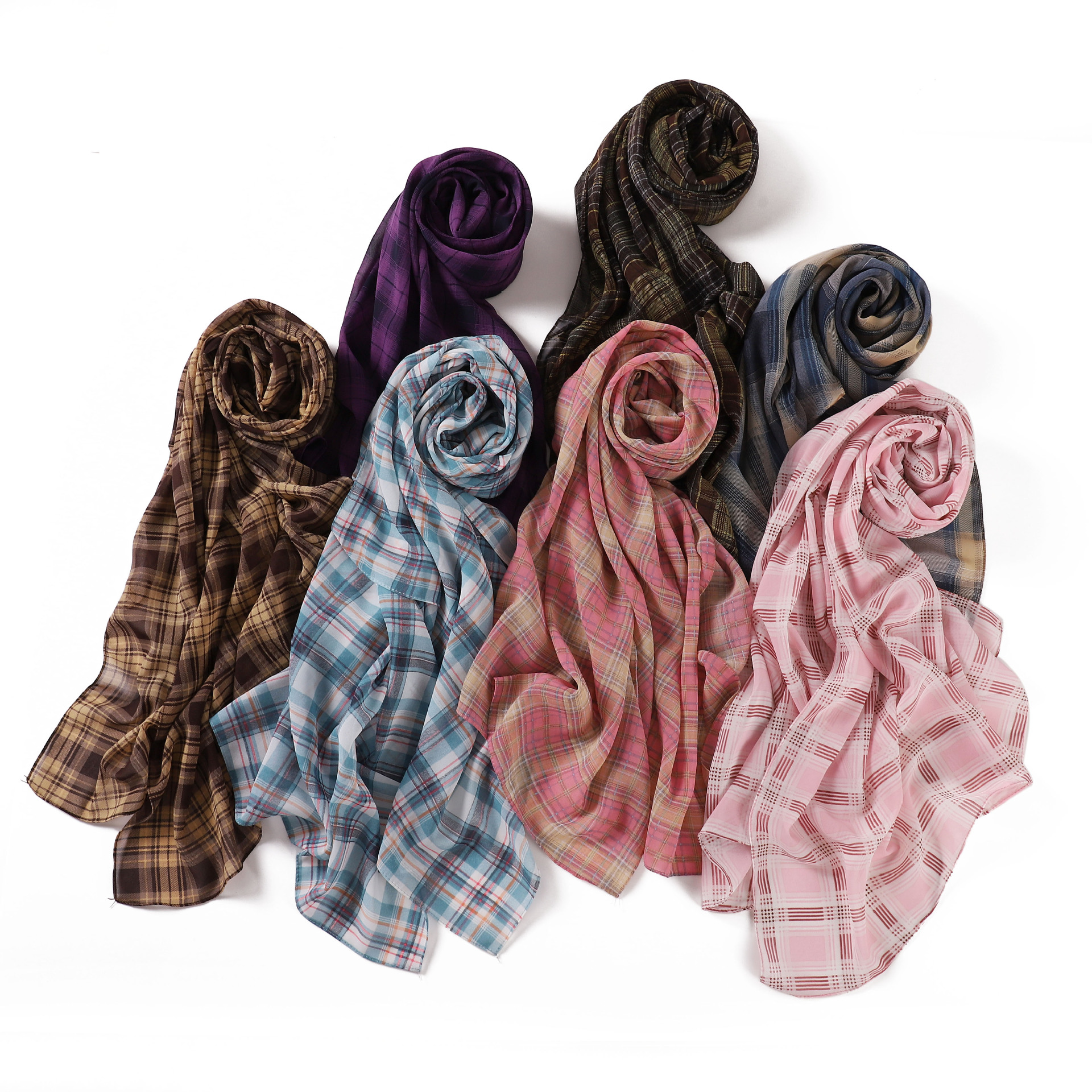 Écharpe longue en mousseline de soie imprimée à carreaux pour femmes musulmanes, hijabs du ramadan, châle féminin, écharpe enveloppée, Islam, nouveau, 175x70cm