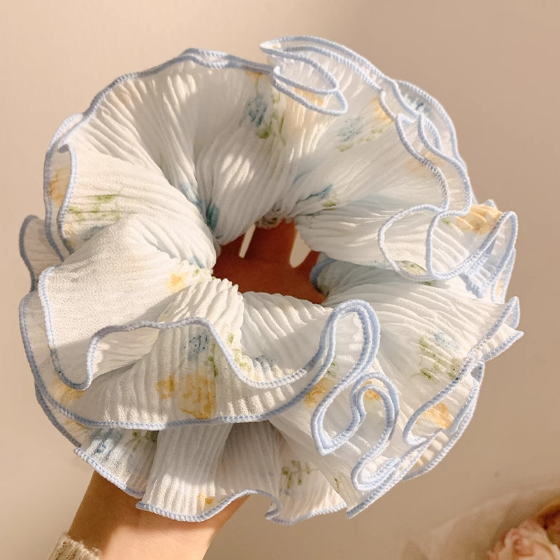 Grands chouchous élégants bleus à motifs floraux pour femmes, élastiques, accessoires de mode pour cheveux, coiffes stylées
