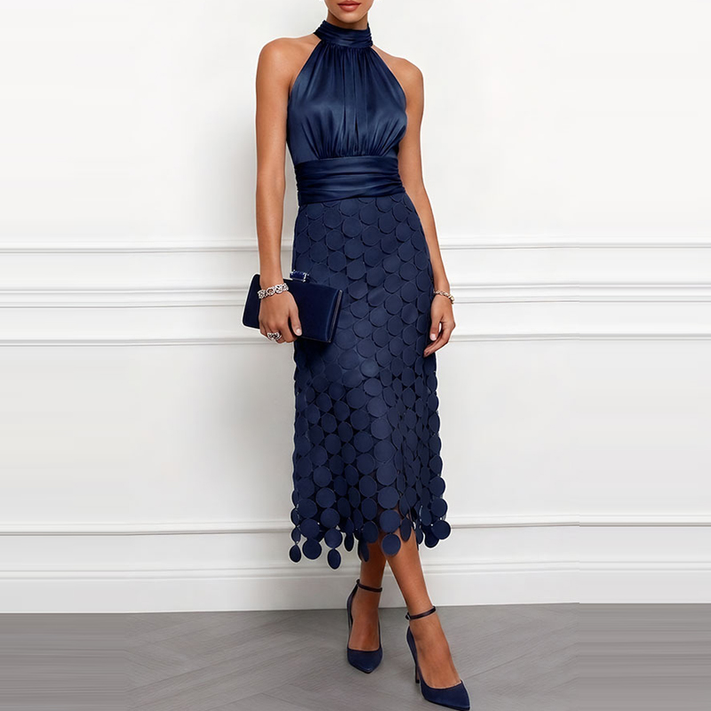 Robe longue décontractée pour femme, style patchwork, avec taille froncée, col rond, sans manches, en satin, élégante, pour banquet