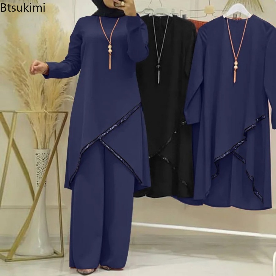 Ensembles de pantalons larges pour femmes musulmanes, mode, sequins, vêtements islamiques, ensembles assortis amples, survêtement, chemisier à manches longues, ensembles Abaya