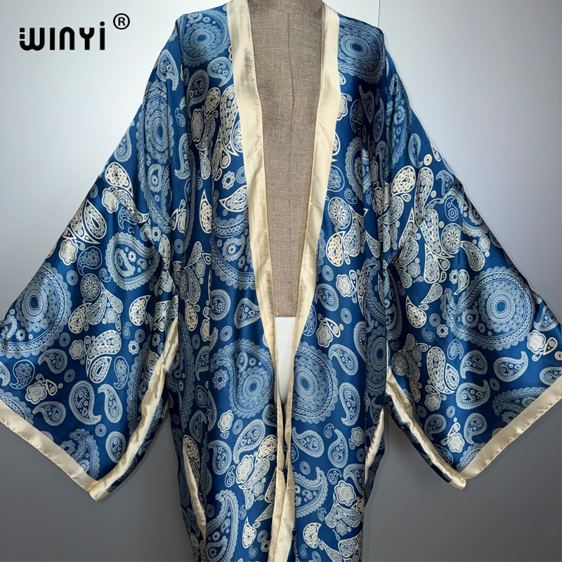 WINYI Kimono Abaya pour femmes africaines, Cardigan musulman pour femme, Kaftan classique à imprimé cachemire, Robe bohème décontractée pour la plage