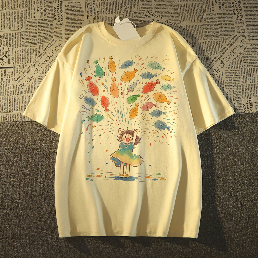 T-Shirt surdimensionné à manches courtes pour hommes/femmes, imprimé de poisson de dessin animé, décontracté, à la mode, pour l'été