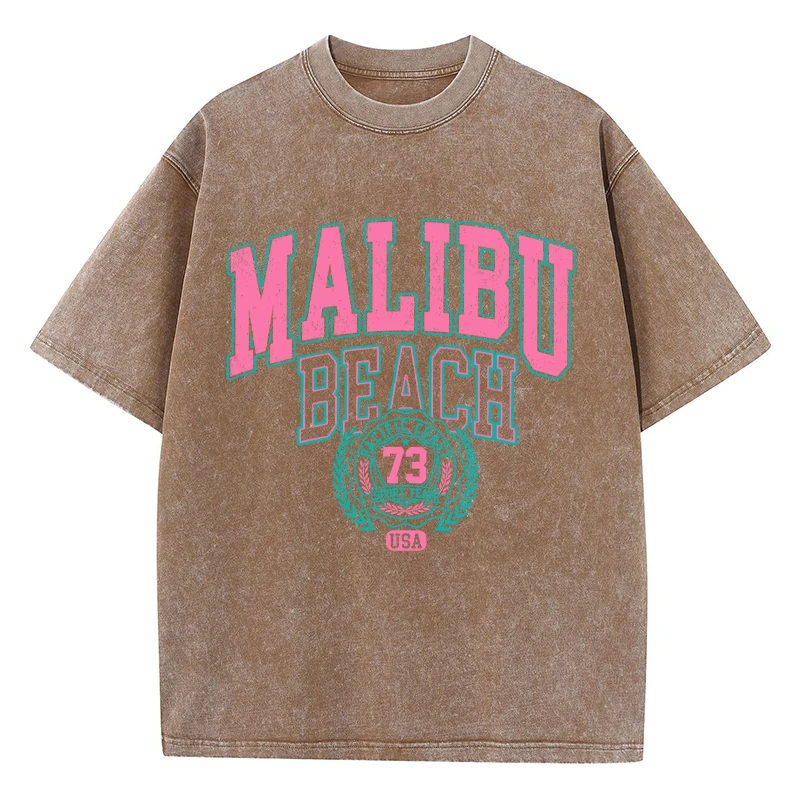 T-shirt Malibu Beach délavé, imprimé lettres, en coton, confortable, col rond, décontracté, surdimensionné, vêtements vintage