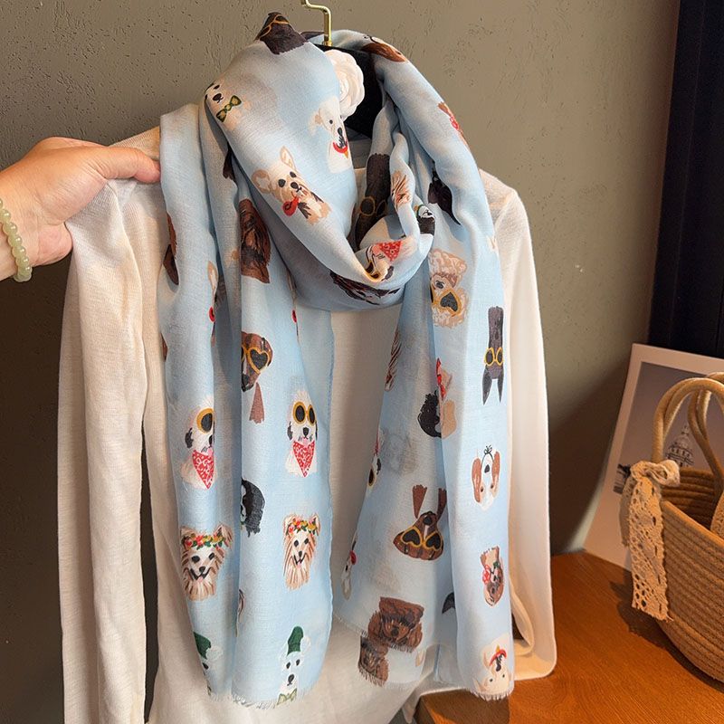 Écharpe élégante imprimée chien avec lunettes à la mode, en coton Viscose léger, respirante et coupe-vent pour les voyages printemps/automne