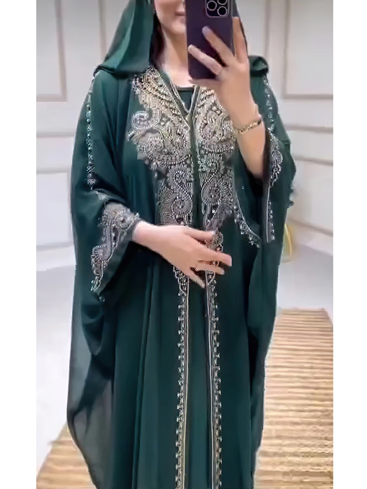 Eid Robe musulmane pour femmes à capuche Abaya 2 pièces ensemble diamant Jalabiya Maroc robes de soirée dubaï Abayas caftan Robe longue Robe