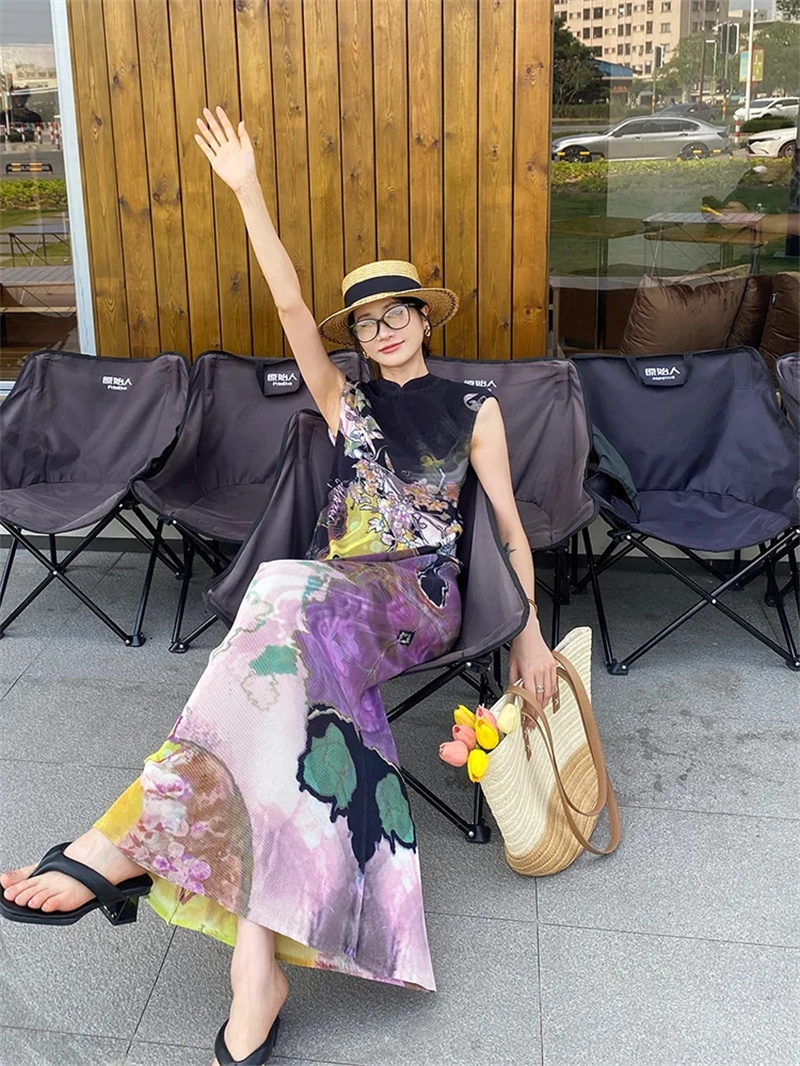 Robes pour femmes vêtements pour femmes Miyake robe imprimée plissée de haute qualité jupe Cheongsam de Style National chinois jupe en queue de poisson été