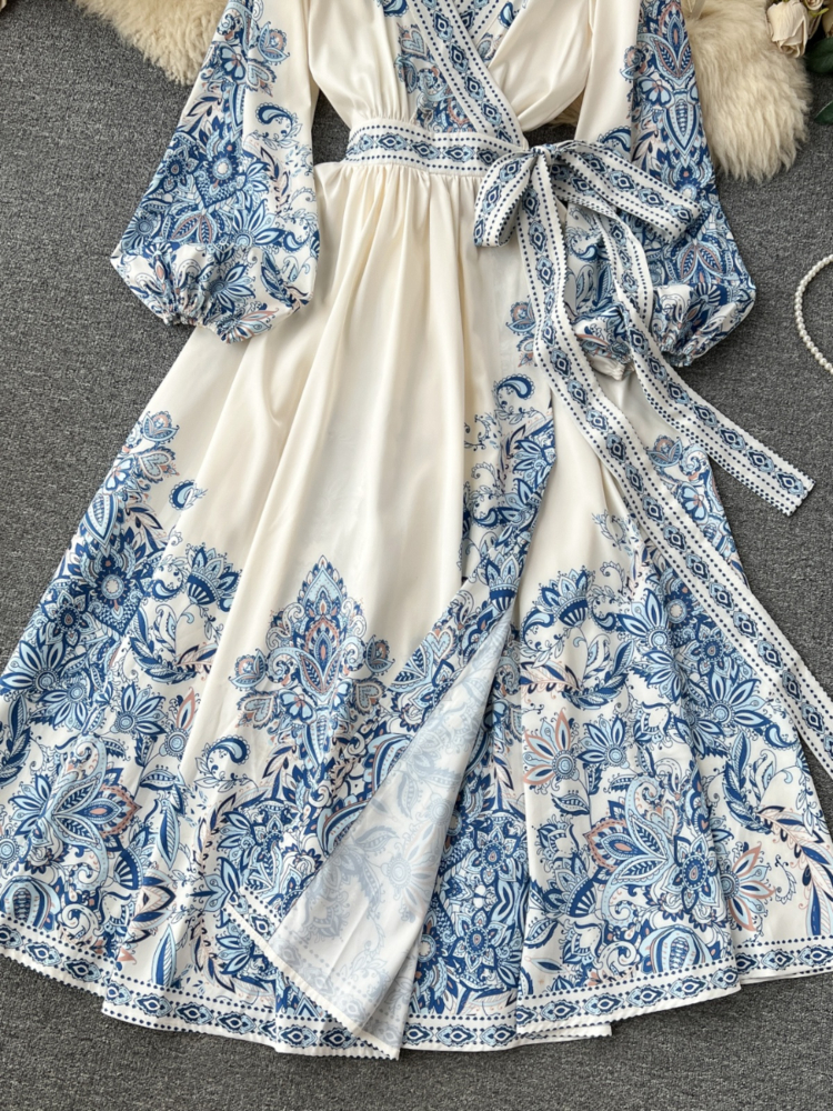 Robe Longue Bleue Élégante pour Femme, Style Court, Imprimé, Sexy, Col en V, Lanterne, Manches sulf, Français, Taille Haute, Bandage