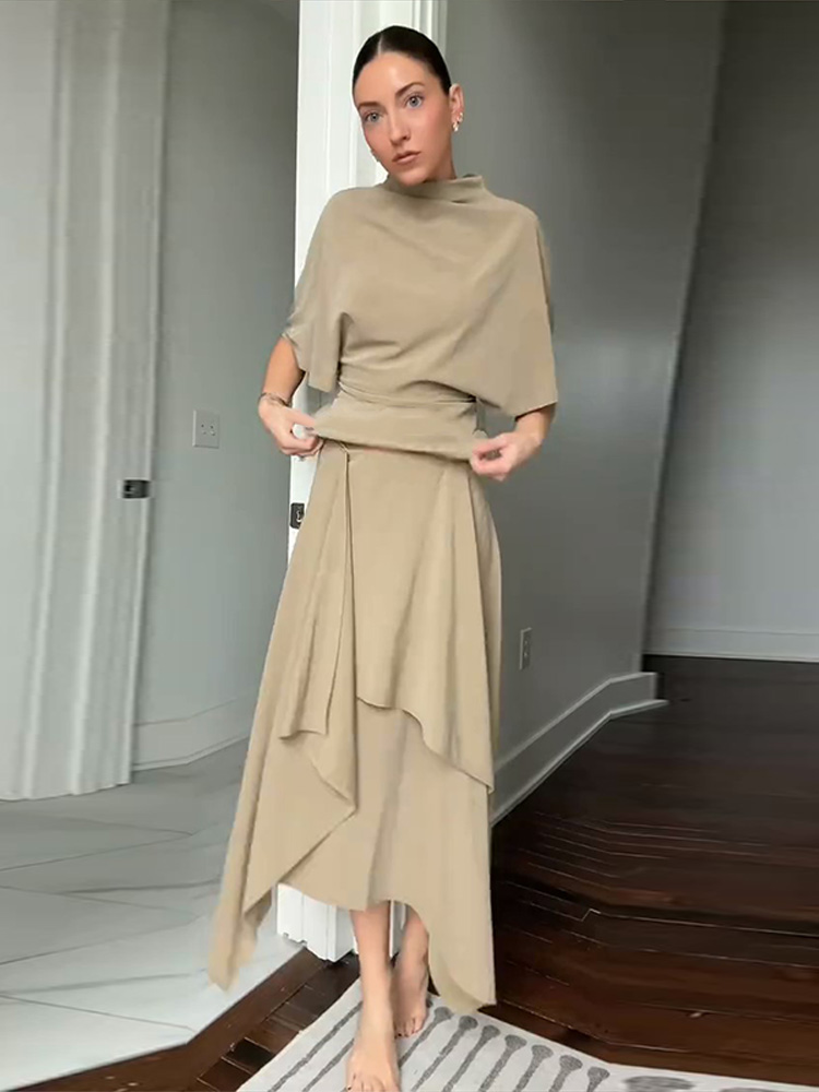 Ensemble élégant chemise asymétrique et jupe pour femme – Chemises unies à manches courtes et col rond, jupes longues taille haute – Tendance automne, costume d'été