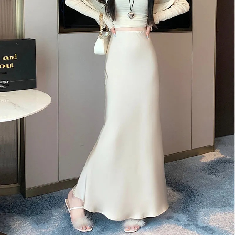Jupes élégantes en satin de soie pour femmes, taille haute, coupe trapèze, couleur unie, lisses, pour le bureau, collection Printemps-Été 2026