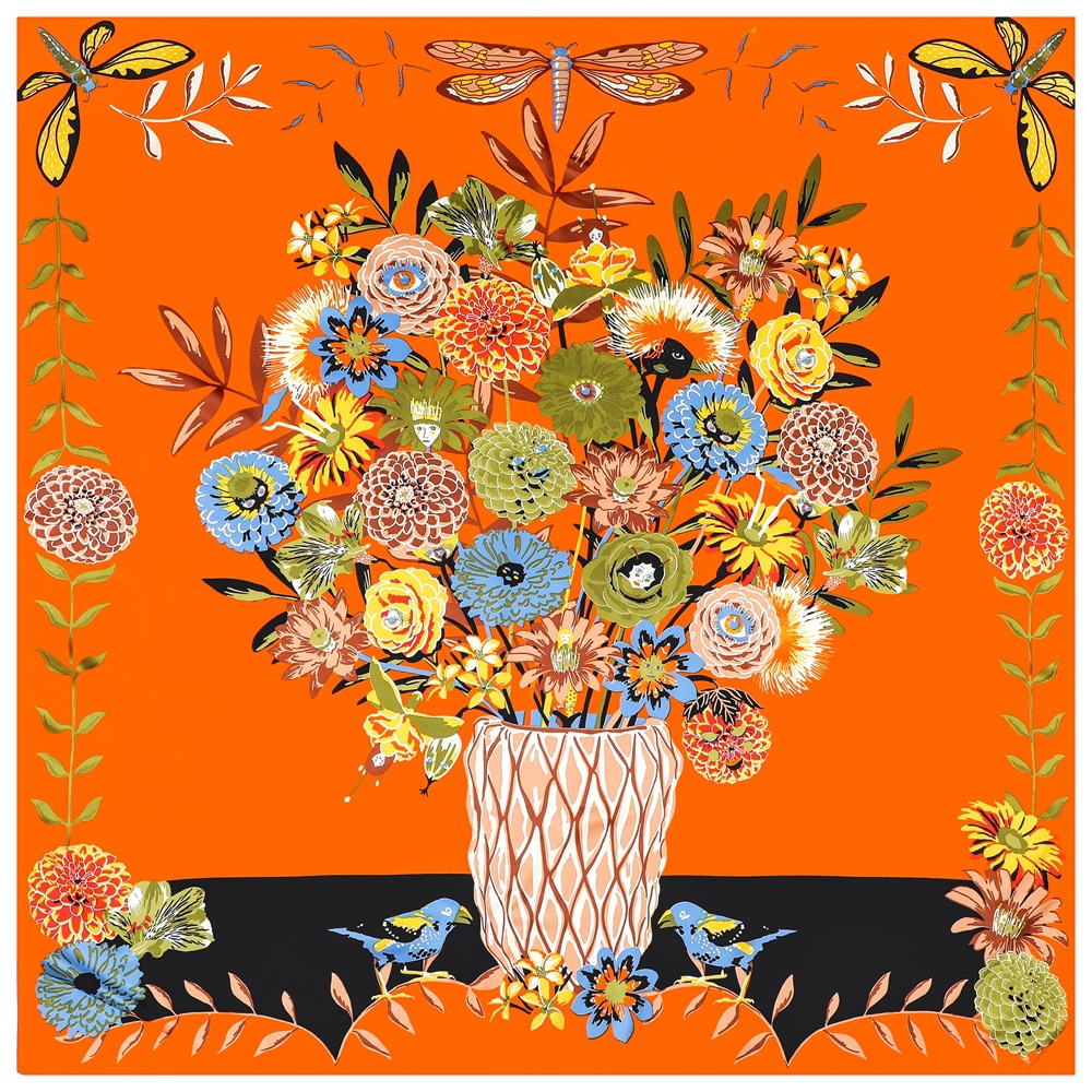 Injplanchers f-Foulard Carré à Imprimé de Fleurs pour Femme, Grand Châle en Bouteille, Bandana de Luxe, Hijab, 130cm