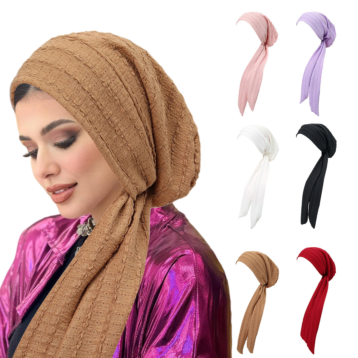 Chapeaux Hijab Turban Plissé Couleur Unie Ramadan, Foulards à Longue Queue, Chapeaux Musulmans Extensibles Doux, Bonnets Chimio Respirants pour Femmes et Filles