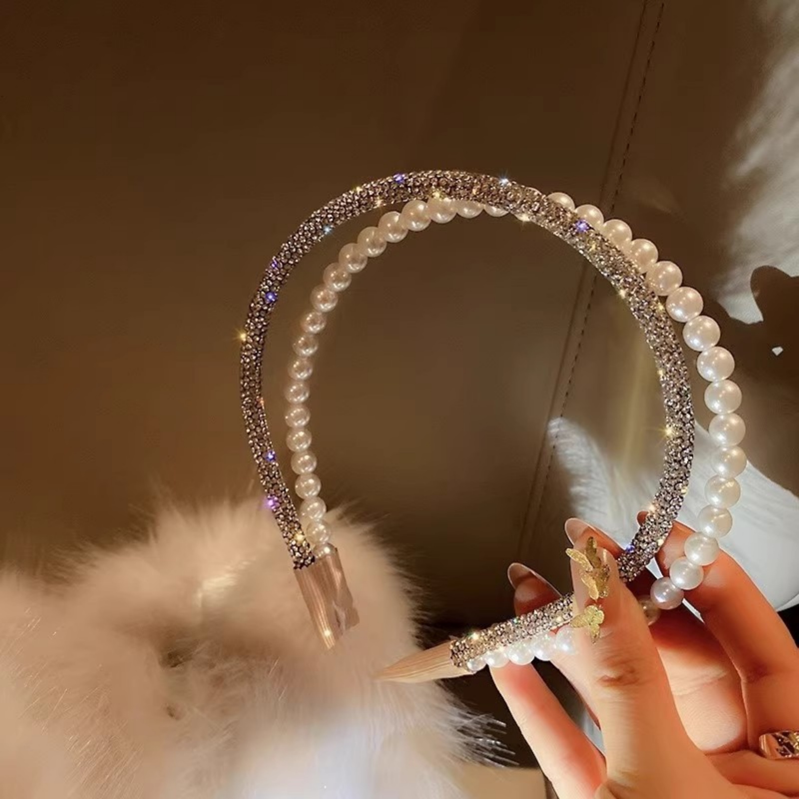 Cerceau de cheveux Double couche à la mode pour femmes, Imitation de perles et de strass, incrusté de strass haut de gamme, polyvalent pour les sorties, 1 pièce