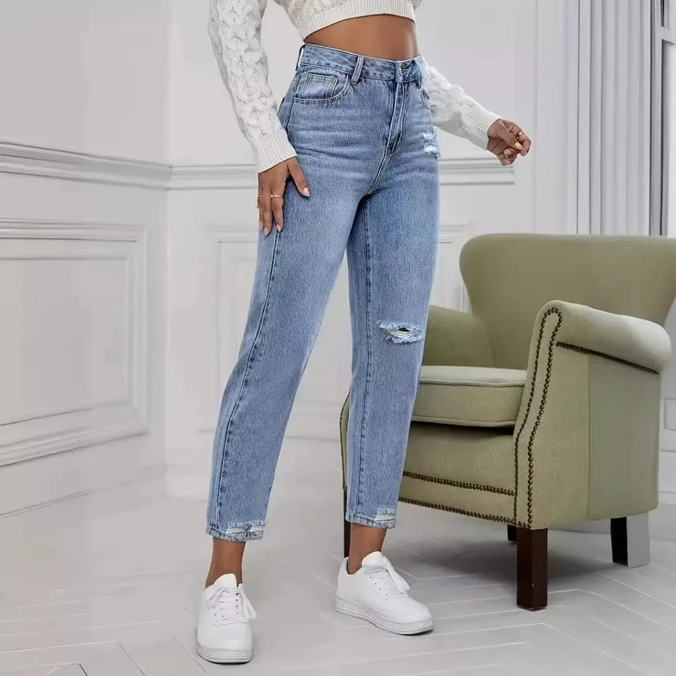 Jean décontracté déchiré et délavé pour femme – Nouvelle collection printemps-été – Coupe droite longueur cheville