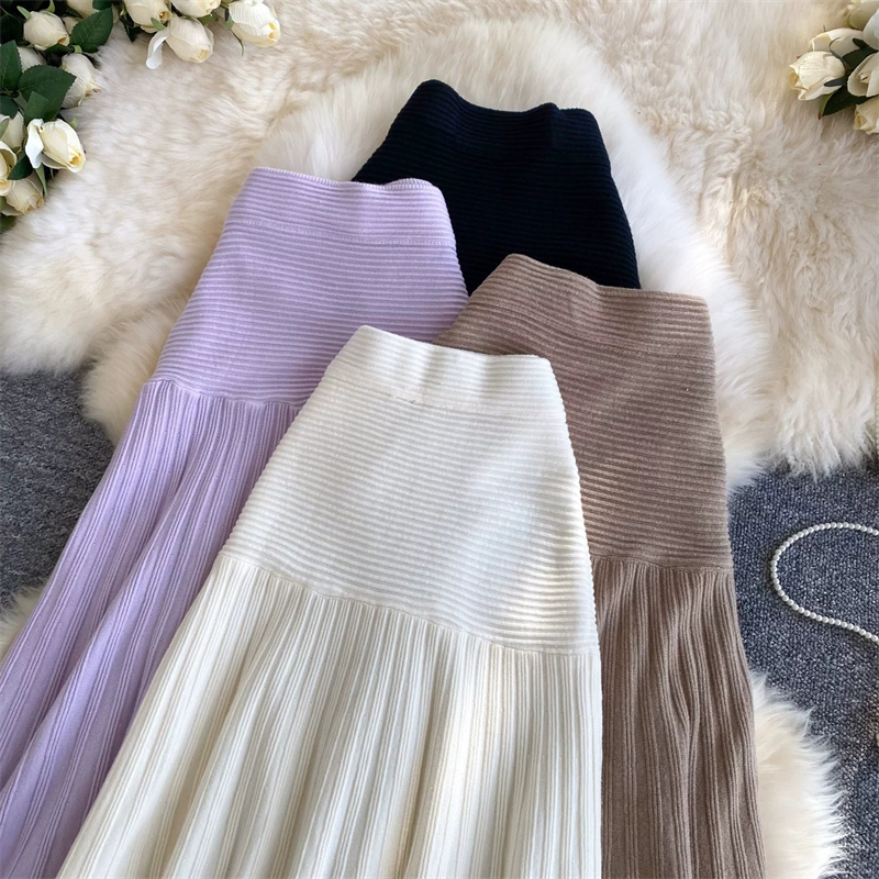 Jupe longue plissée en maille côtelée pour femme, taille haute élastique, coupe trapèze fluide, couleur unie, style coréen, décontractée, pour l'hiver