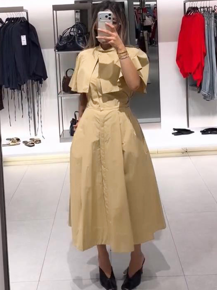Robe midi chemise cape pour femme, style trench modeste, col montant, sans manches, à laçage à la taille, robes automne 2026